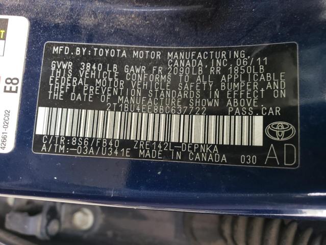 2T1BU4EE8BC637722 - 2011 TOYOTA COROLLA BASE BLUE photo 12