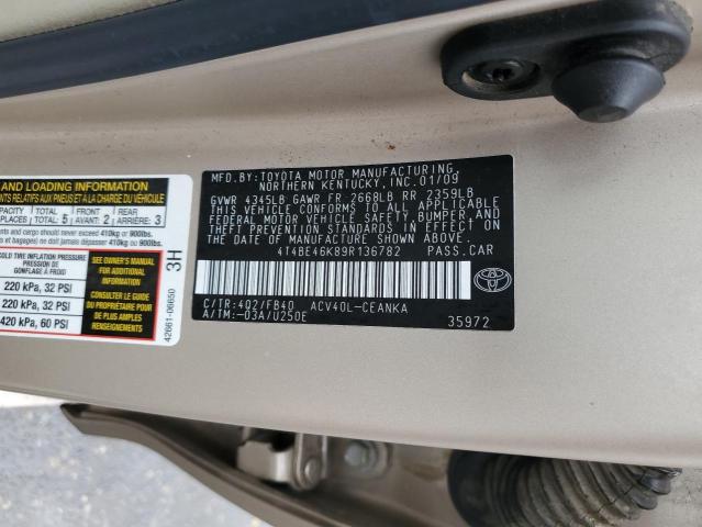 4T4BE46K89R136782 - 2009 TOYOTA CAMRY BASE GOLD photo 12