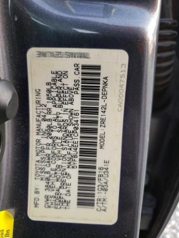 5YFBU4EE1CP034161 - 2012 TOYOTA COROLLA BASE CHARCOAL photo 13