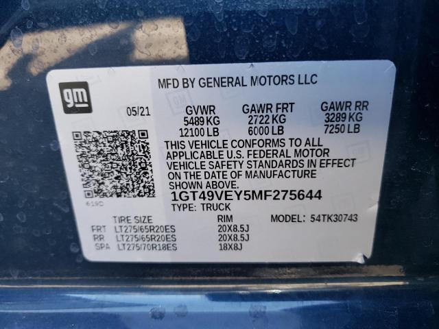 1GT49VEY5MF275644 - 2021 GMC SIERRA K3500 AT4 BLUE photo 12