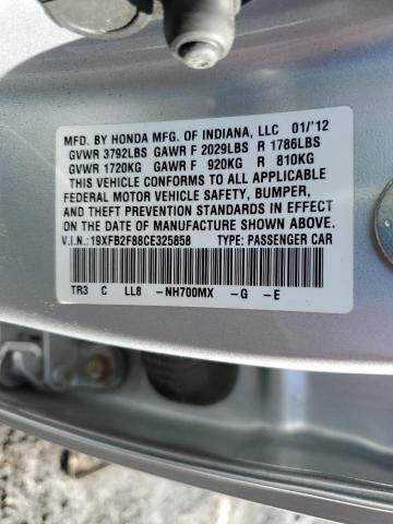 19XFB2F88CE325858 - 2012 HONDA CIVIC EX SILVER photo 11