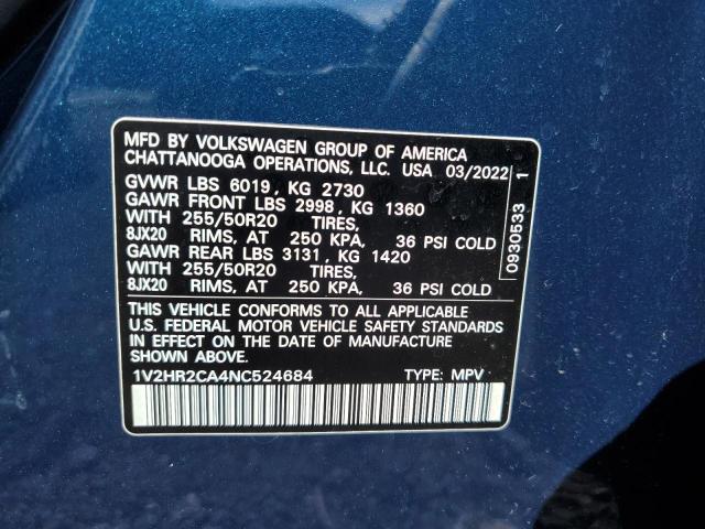 1V2HR2CA4NC524684 - 2022 VOLKSWAGEN ATLAS SE BLUE photo 12