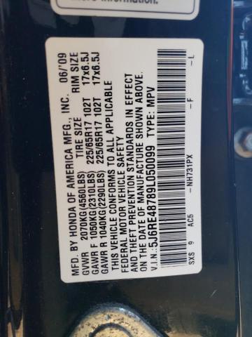 5J6RE48789L050099 - 2009 HONDA CR-V EXL BLACK photo 13