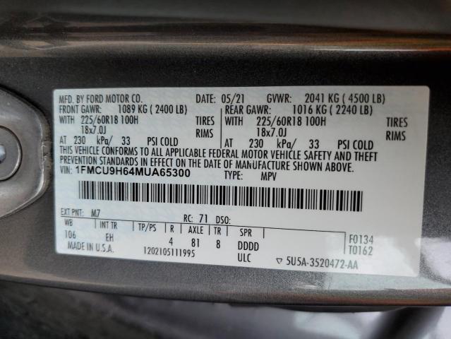 1FMCU9H64MUA65300 - 2021 FORD ESCAPE SEL GRAY photo 12