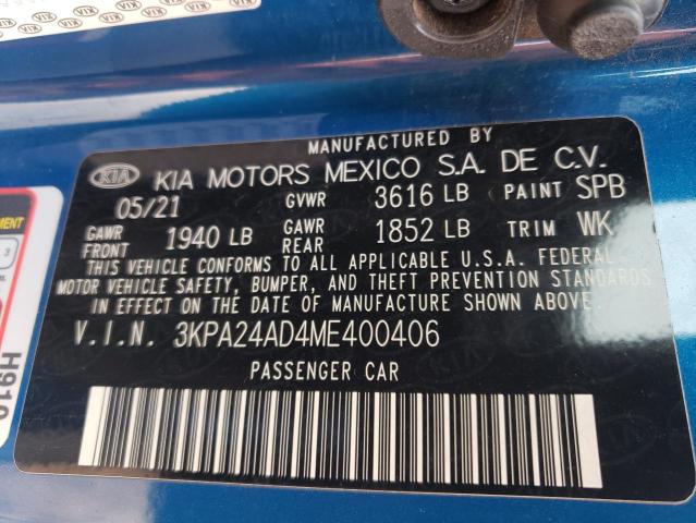 3KPA24AD4ME400406 - 2021 KIA RIO LX BLUE photo 12