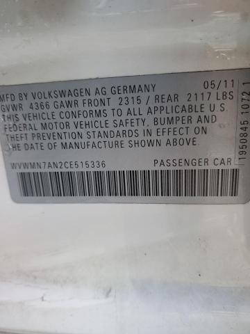 WVWMN7AN2CE515336 - 2012 VOLKSWAGEN CC SPORT WHITE photo 12