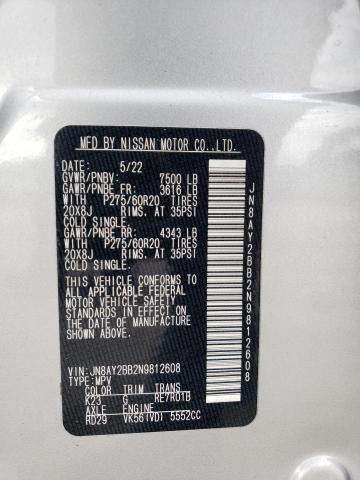 JN8AY2BB2N9812608 - 2022 NISSAN ARMADA SL SILVER photo 14