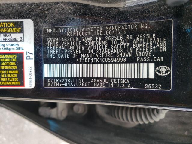 4T1BF1FK1CU594998 - 2012 TOYOTA CAMRY BASE CHARCOAL photo 12