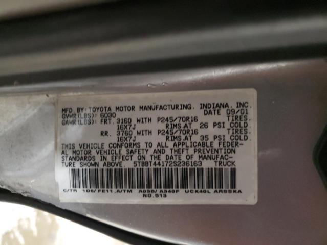 5TBBT44172S236163 - 2002 TOYOTA TUNDRA ACCESS CAB ვერცხლისფერი ფოტო 12