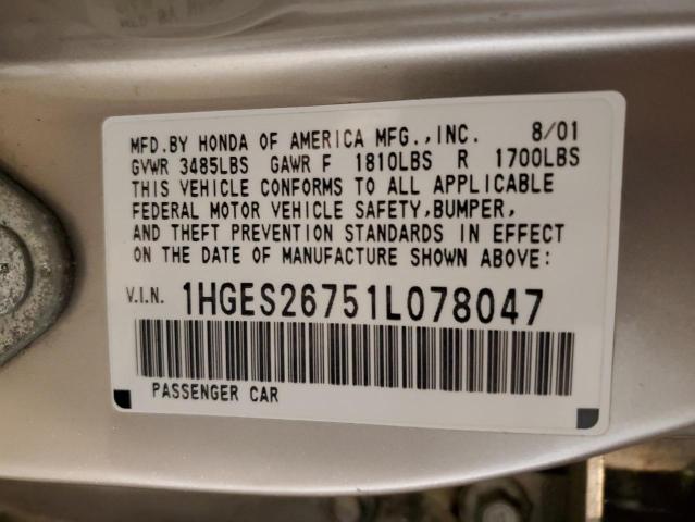 1HGES26751L078047 - 2001 HONDA CIVIC EX SILVER photo 12