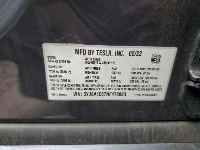 5YJSA1E57NF478893 - 2022 TESLA MODEL S GRAY photo 12