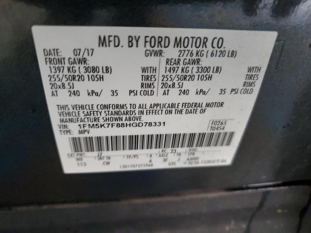 1FM5K7F88HGD78331 - 2017 FORD EXPLORER LIMITED GRAY photo 13