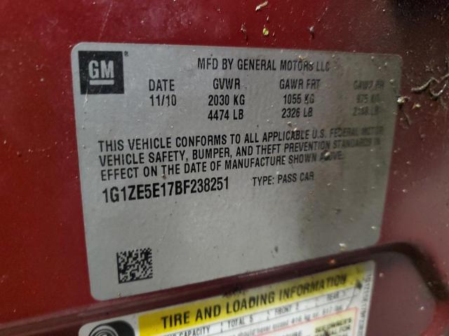 1G1ZE5E17BF238251 - 2011 CHEVROLET MALIBU LTZ მუქწითელი ფოტო 12