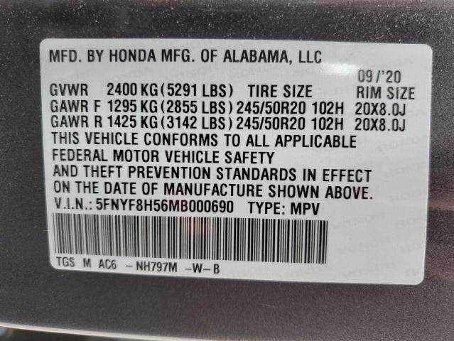 5FNYF8H56MB000690 - 2021 HONDA PASSPORT EXL ნაცრისფერი ფოტო 12