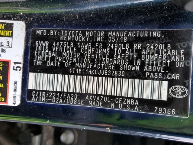 4T1B11HK0JU632830 - 2018 TOYOTA CAMRY L BLUE photo 12