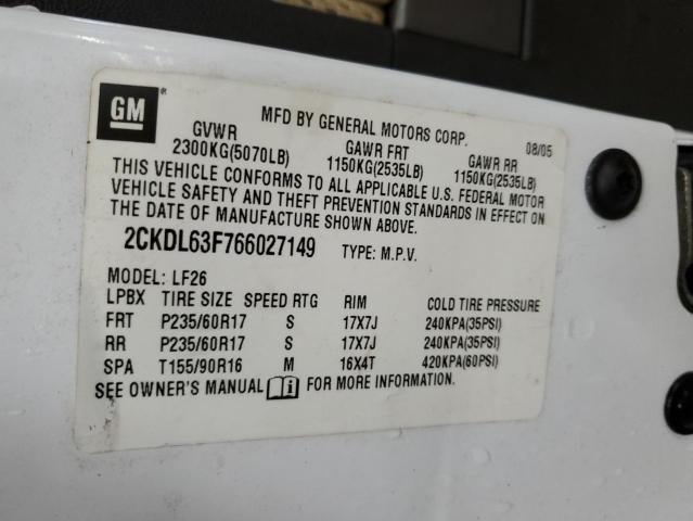 2CKDL63F766027149 - 2006 PONTIAC TORRENT WHITE photo 12