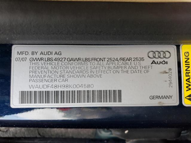 WAUDF48H98K004580 - 2008 AUDI A4 2.0T CABRIOLET QUATTRO BLUE photo 12