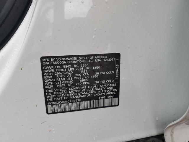 1V2KE2CA0NC208670 - 2022 VOLKSWAGEN ATLAS CROS SE Белый фото 14