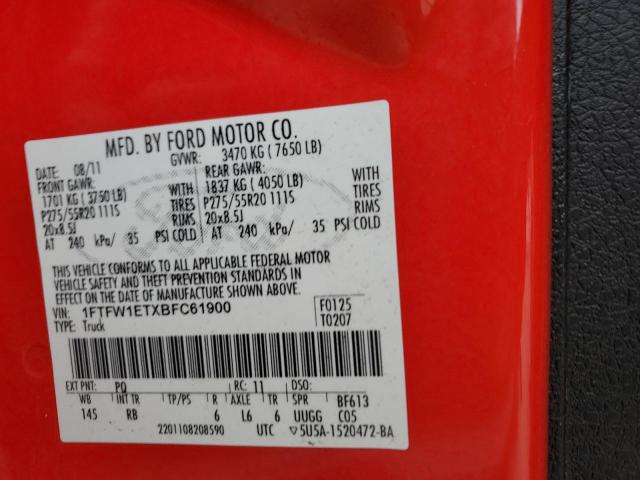 1FTFW1ETXBFC61900 - 2011 FORD F150 SUPERCREW RED photo 12