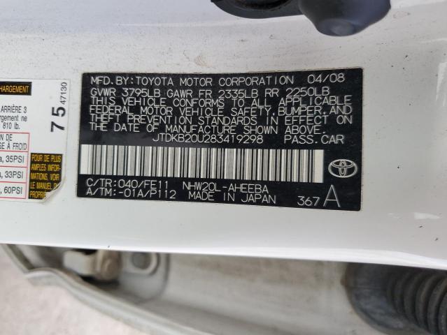 JTDKB20U283419298 - 2008 TOYOTA PRIUS WHITE photo 12