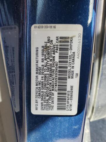 2T1KR32E93C045487 - 2003 TOYOTA COROLLA MA XR BLUE photo 12