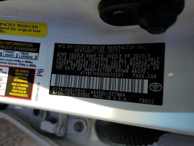 4T1BF1FKXCU515201 - 2012 TOYOTA CAMRY BASE WHITE photo 12