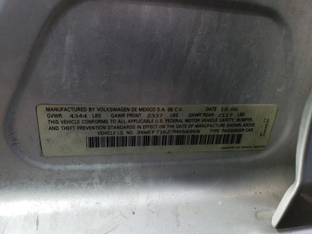 3VWEF71K27M056958 - 2007 VOLKSWAGEN JETTA WOLFSBURG 银色 照片 12
