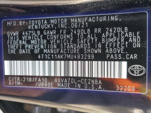 4T1C11AK7MU483299 - 2021 TOYOTA CAMRY LE BLACK photo 13