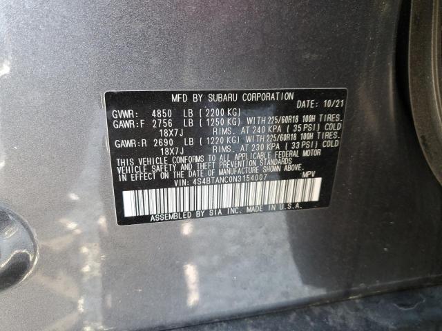 4S4BTANC0N3154007 - 2022 SUBARU OUTBACK LIMITED GRAY photo 12