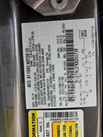 3FA6P0LU7KR241759 - 2019 FORD FUSION SE GRAY photo 12