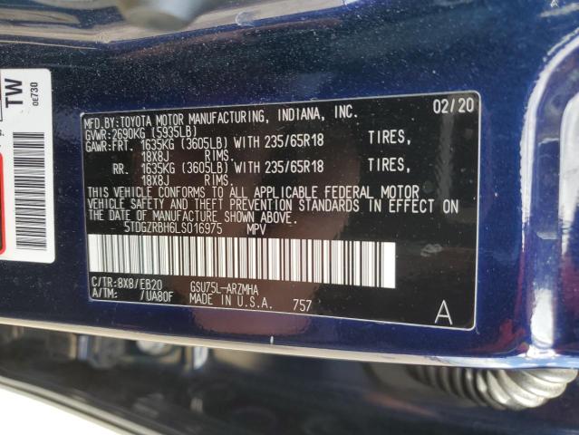 5TDGZRBH6LS016975 - 2020 TOYOTA HIGHLANDER XLE BLUE photo 14