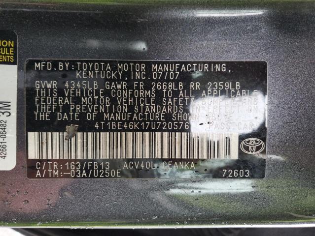 4T1BE46K17U720576 - 2007 TOYOTA CAMRY CE GRAY photo 13