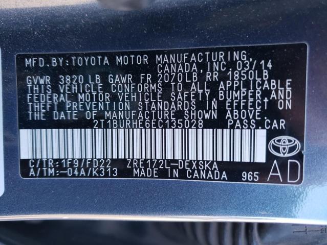 2T1BURHE6EC135028 - 2014 TOYOTA COROLLA L GRAY photo 12