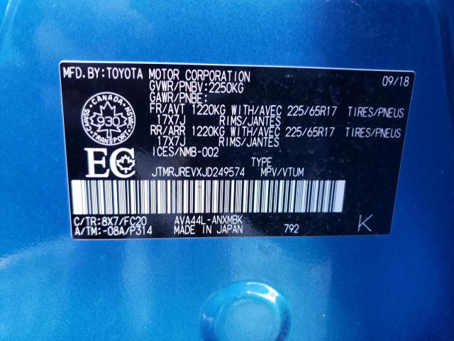 JTMRJREVXJD249574 - 2018 TOYOTA RAV4 HV LE BLUE photo 13