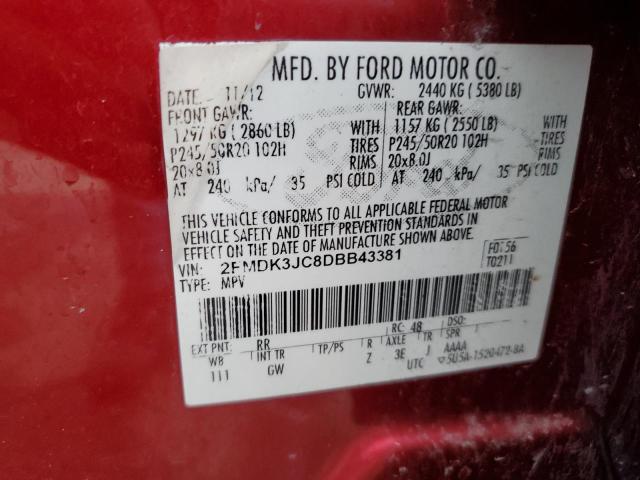 2FMDK3JC8DBB43381 - 2013 FORD EDGE SEL RED photo 12