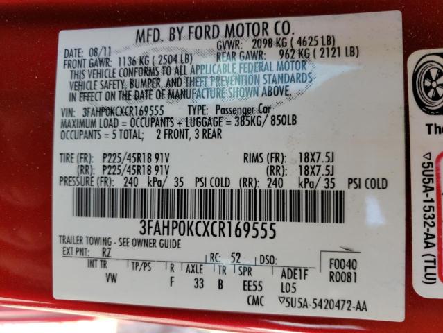 3FAHP0KCXCR169555 - 2012 FORD FUSION SPORT RED photo 12