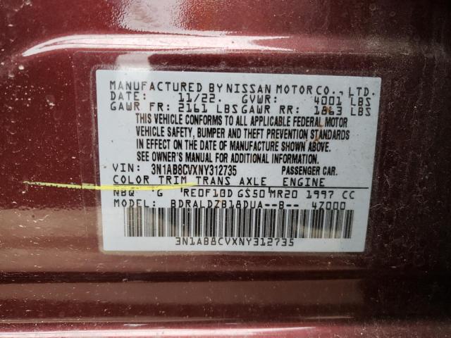 3N1AB8CVXNY312735 - 2022 NISSAN SENTRA SV BURGUNDY photo 12