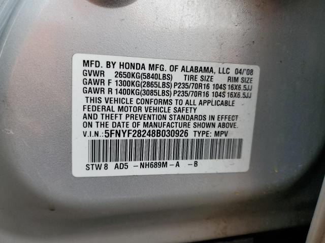 5FNYF28248B030926 - 2008 HONDA PILOT VP SILVER photo 13