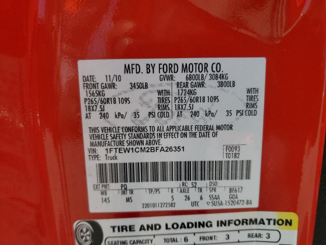 1FTEW1CM2BFA26351 - 2011 FORD F150 SUPERCREW RED photo 12