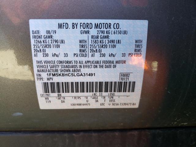 1FM5K8HC5LGA31491 - 2020 FORD EXPLORER PLATINUM GRAY photo 13