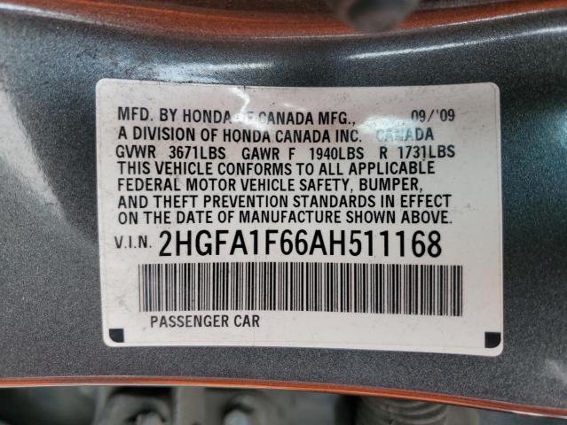 2HGFA1F66AH511168 - 2010 HONDA CIVIC LX-S Մոխրագույն լուսանկար 12