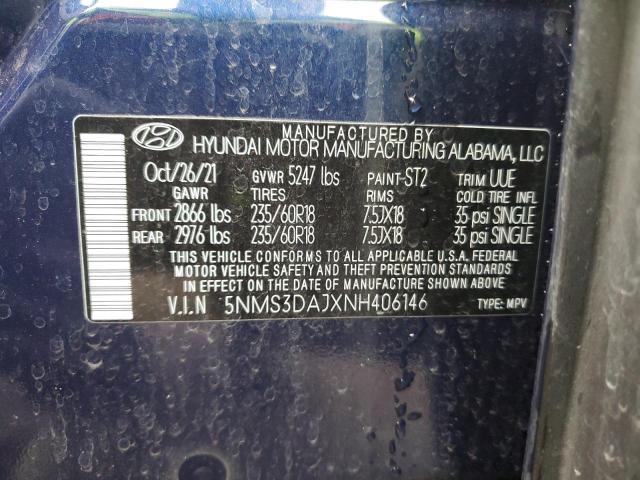 5NMS3DAJXNH406146 - 2022 HYUNDAI SANTA FE SEL Կապույտ լուսանկար 12