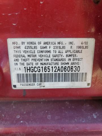 1HGCG16512A060630 - 2002 HONDA ACCORD EX RED photo 12