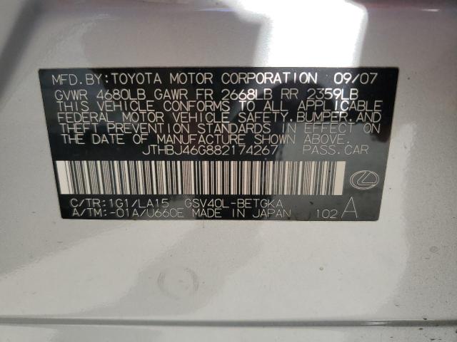 JTHBJ46G882174267 - 2008 LEXUS ES 350 SILVER photo 12