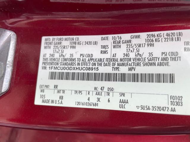 1FMCU0GDXHUC08915 - 2017 FORD ESCAPE SE RED photo 10