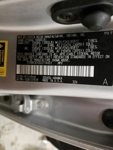 5TDBK3EH3CS114451 - 2012 TOYOTA HIGHLANDER BASE فضي صورة 12