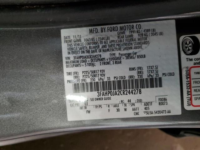 3FAHP0JA2CR244278 - 2012 FORD FUSION SEL GRAY photo 13