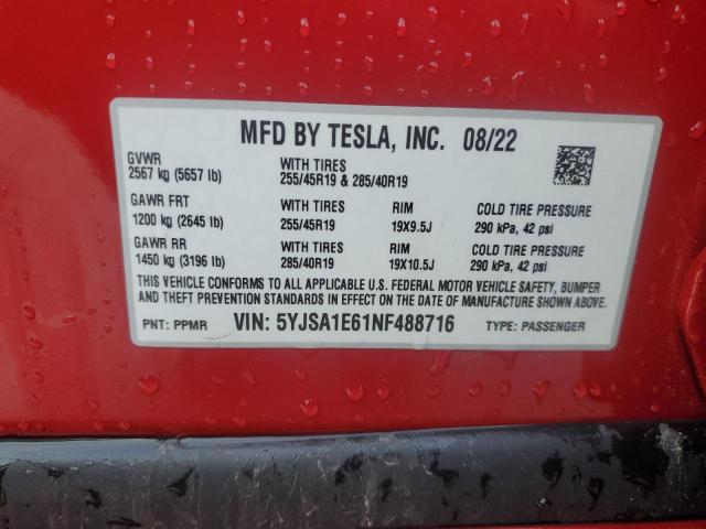5YJSA1E61NF488716 - 2022 TESLA MODEL S RED photo 12