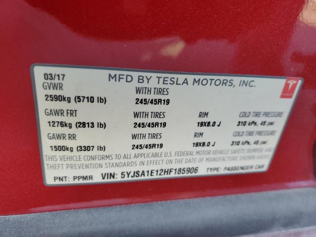 5YJSA1E12HF185906 - 2017 TESLA MODEL S Կարմիր լուսանկար 13