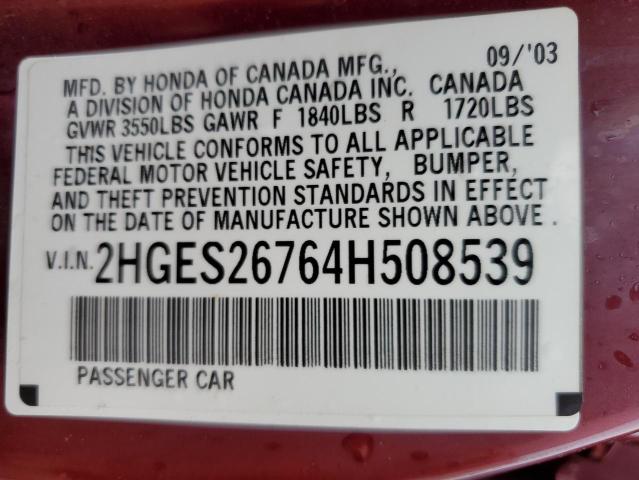 2HGES26764H508539 - 2004 HONDA CIVIC EX BURGUNDY photo 12